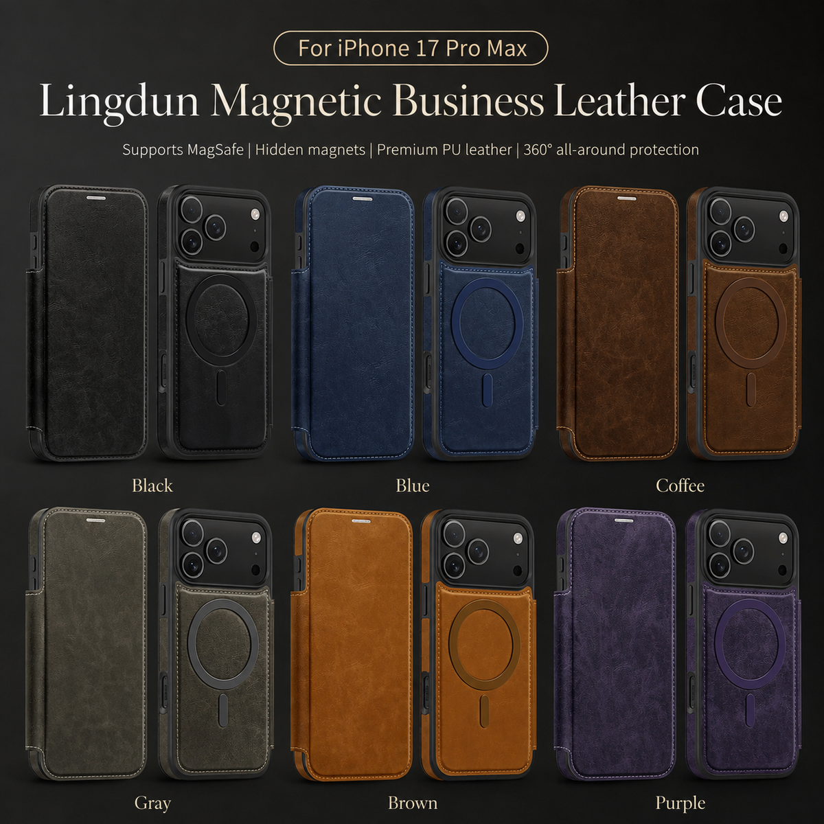 Premium iPhone Case Leather RFID Wallet Card Holder Magnetic Closure Kickstand Shockproof Protective Cover Anti Scratch Non Slip Wireless Charging Full Coverage