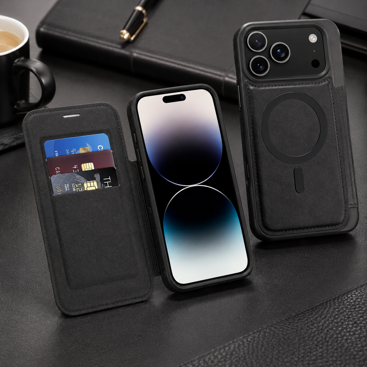 Premium iPhone Case Leather RFID Wallet Card Holder Magnetic Closure Kickstand Shockproof Protective Cover Anti Scratch Non Slip Wireless Charging Full Coverage