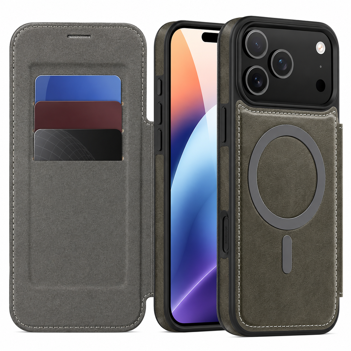 Premium iPhone Case Leather RFID Wallet Card Holder Magnetic Closure Kickstand Shockproof Protective Cover Anti Scratch Non Slip Wireless Charging Full Coverage