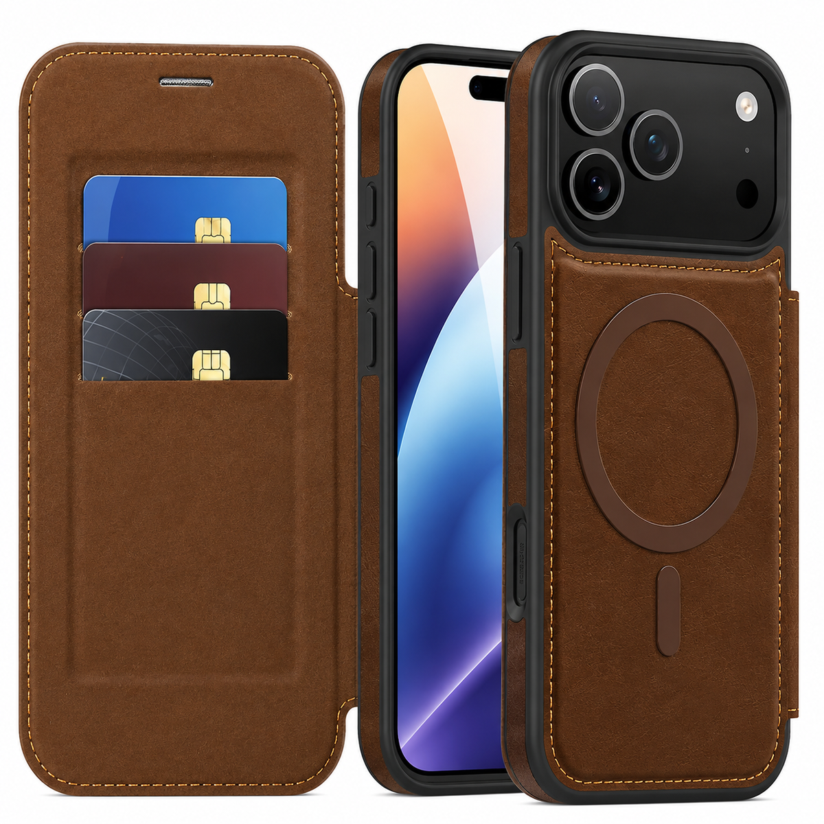 Premium iPhone Case Leather RFID Wallet Card Holder Magnetic Closure Kickstand Shockproof Protective Cover Anti Scratch Non Slip Wireless Charging Full Coverage