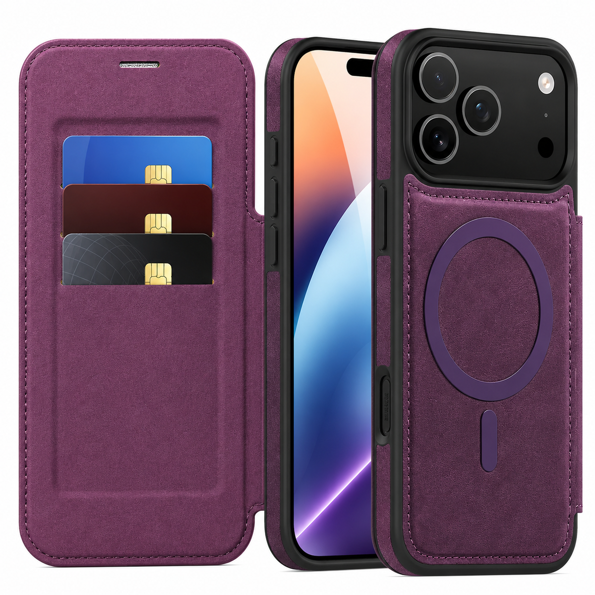 Premium iPhone Case Leather RFID Wallet Card Holder Magnetic Closure Kickstand Shockproof Protective Cover Anti Scratch Non Slip Wireless Charging Full Coverage
