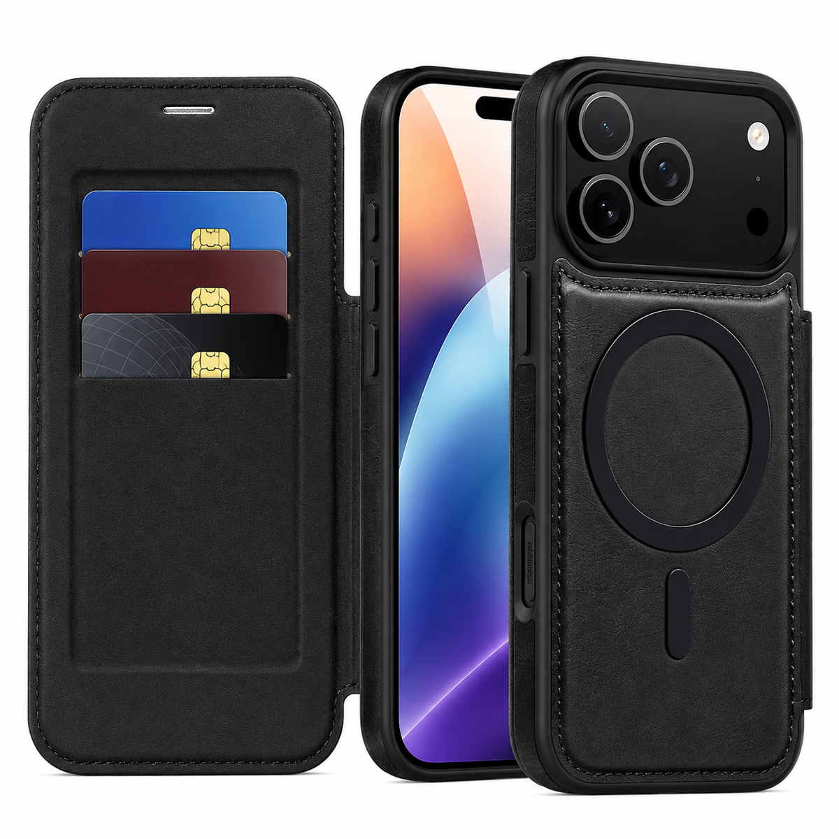Premium iPhone Case Leather RFID Wallet Card Holder Magnetic Closure Kickstand Shockproof Protective Cover Anti Scratch Non Slip Wireless Charging Full Coverage