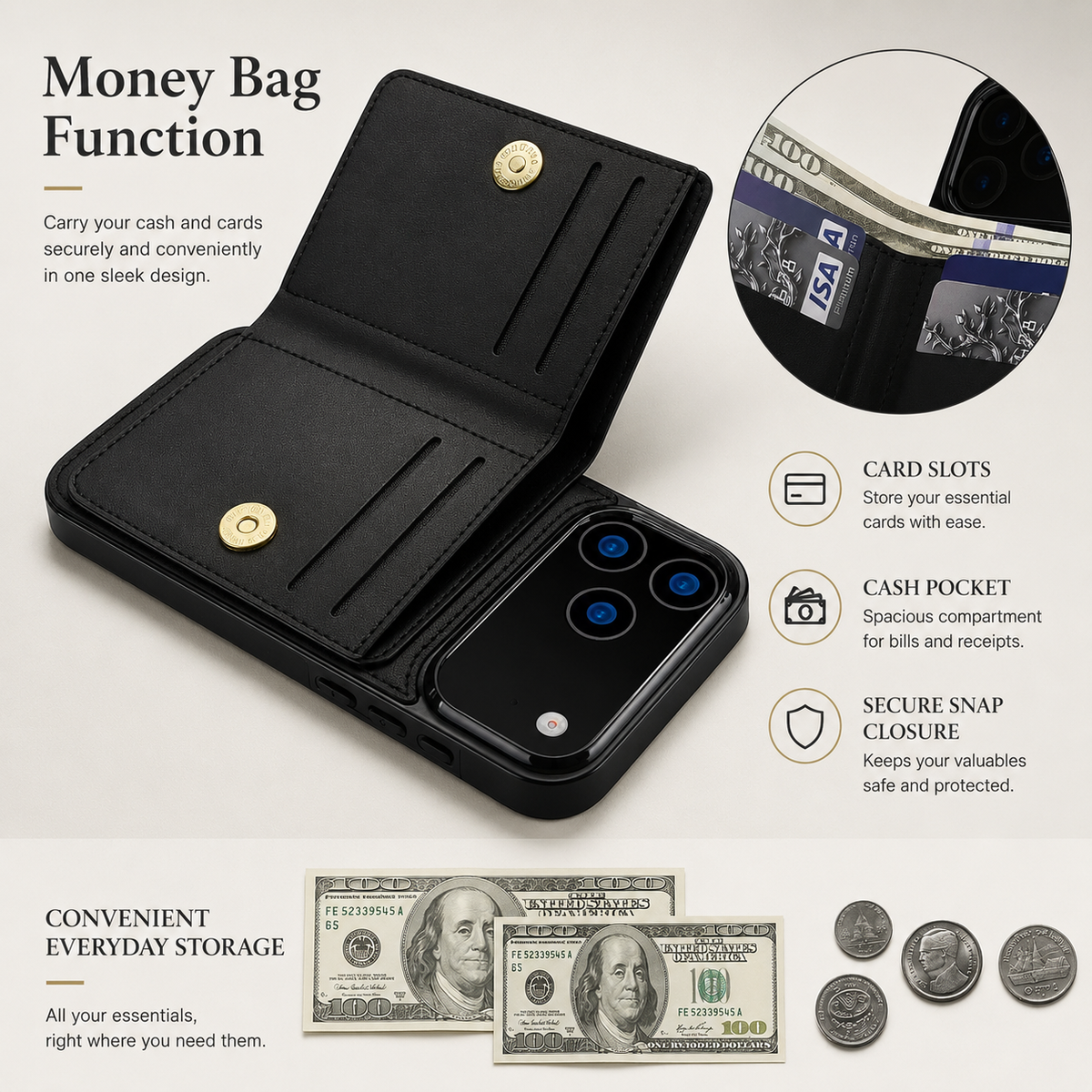 Premium iPhone Case Leather Wallet Card Holder Ring Kickstand Magnetic Closure Shockproof Protective Cover Anti Fingerprint Non Slip Full Coverage Slim