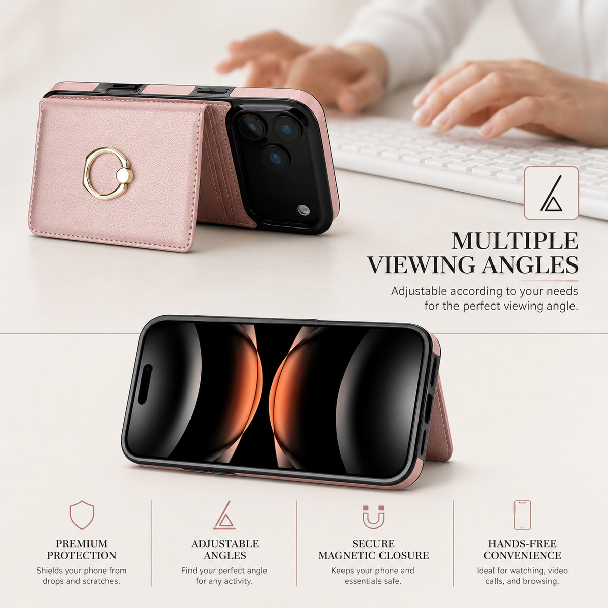 Premium iPhone Case Leather Wallet Card Holder Ring Kickstand Magnetic Closure Shockproof Protective Cover Anti Fingerprint Non Slip Full Coverage Slim