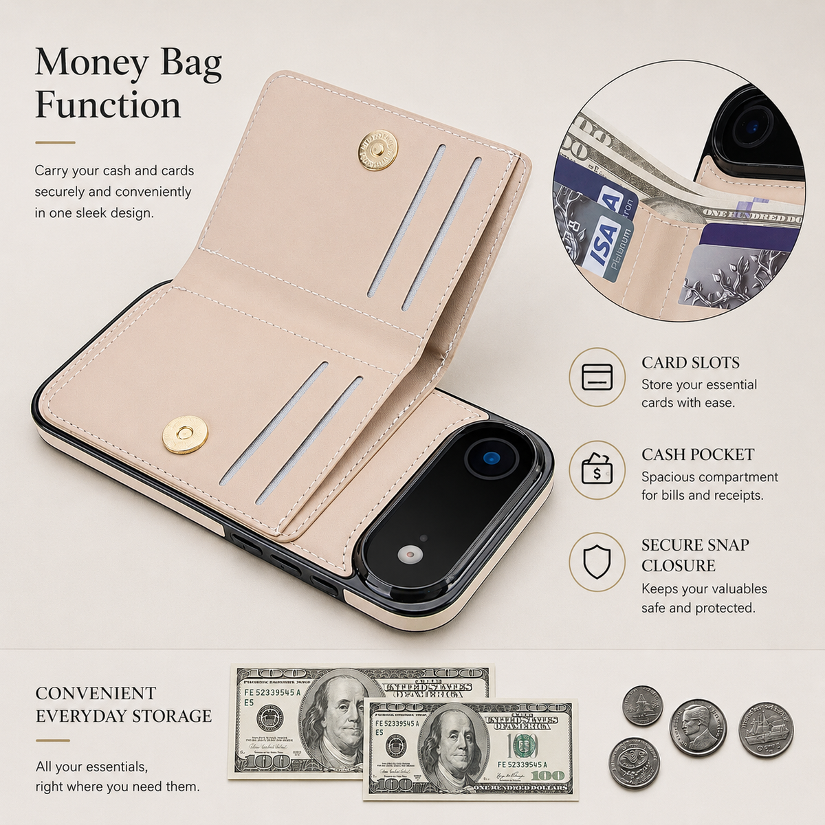 Premium iPhone Case Leather Wallet Card Holder Ring Kickstand Magnetic Closure Shockproof Protective Cover Anti Fingerprint Non Slip Full Coverage Slim