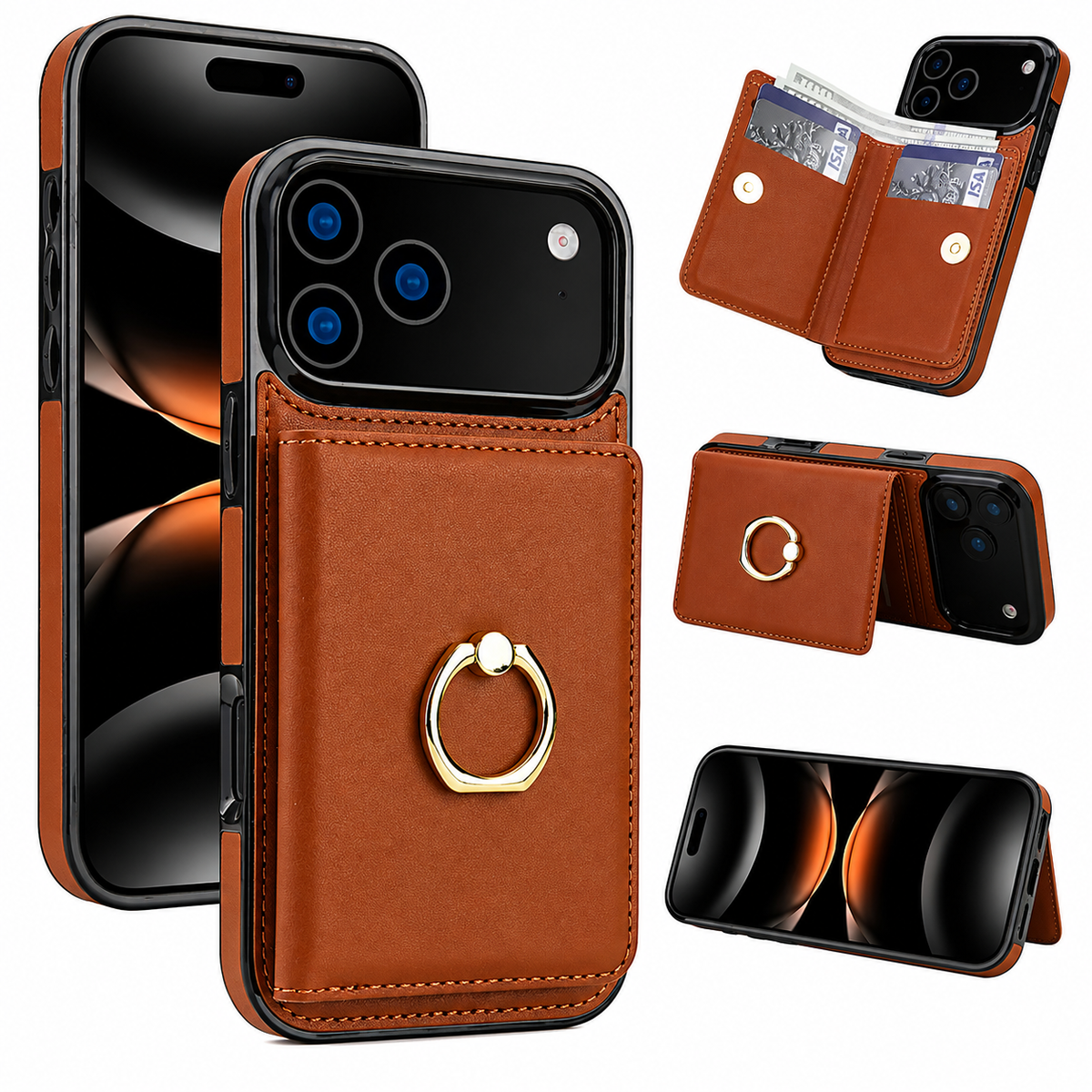 Premium iPhone Case Leather Wallet Card Holder Ring Kickstand Magnetic Closure Shockproof Protective Cover Anti Fingerprint Non Slip Full Coverage Slim