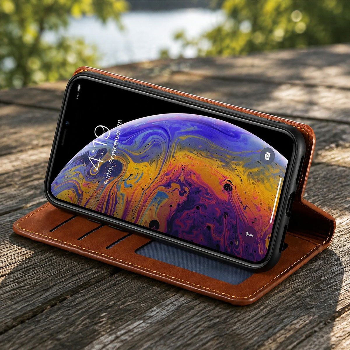 Premium iPhone Case Leather Wallet Flip Cover Card Holder Cash Pocket Magnetic Closure Kickstand Shockproof Protective Case Suede Slim Lightweight Full Coverage