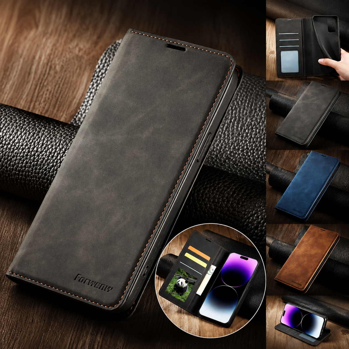 Premium iPhone Case Leather Wallet Flip Cover Card Holder Cash Pocket Magnetic Closure Kickstand Shockproof Protective Case Suede Slim Lightweight Full Coverage