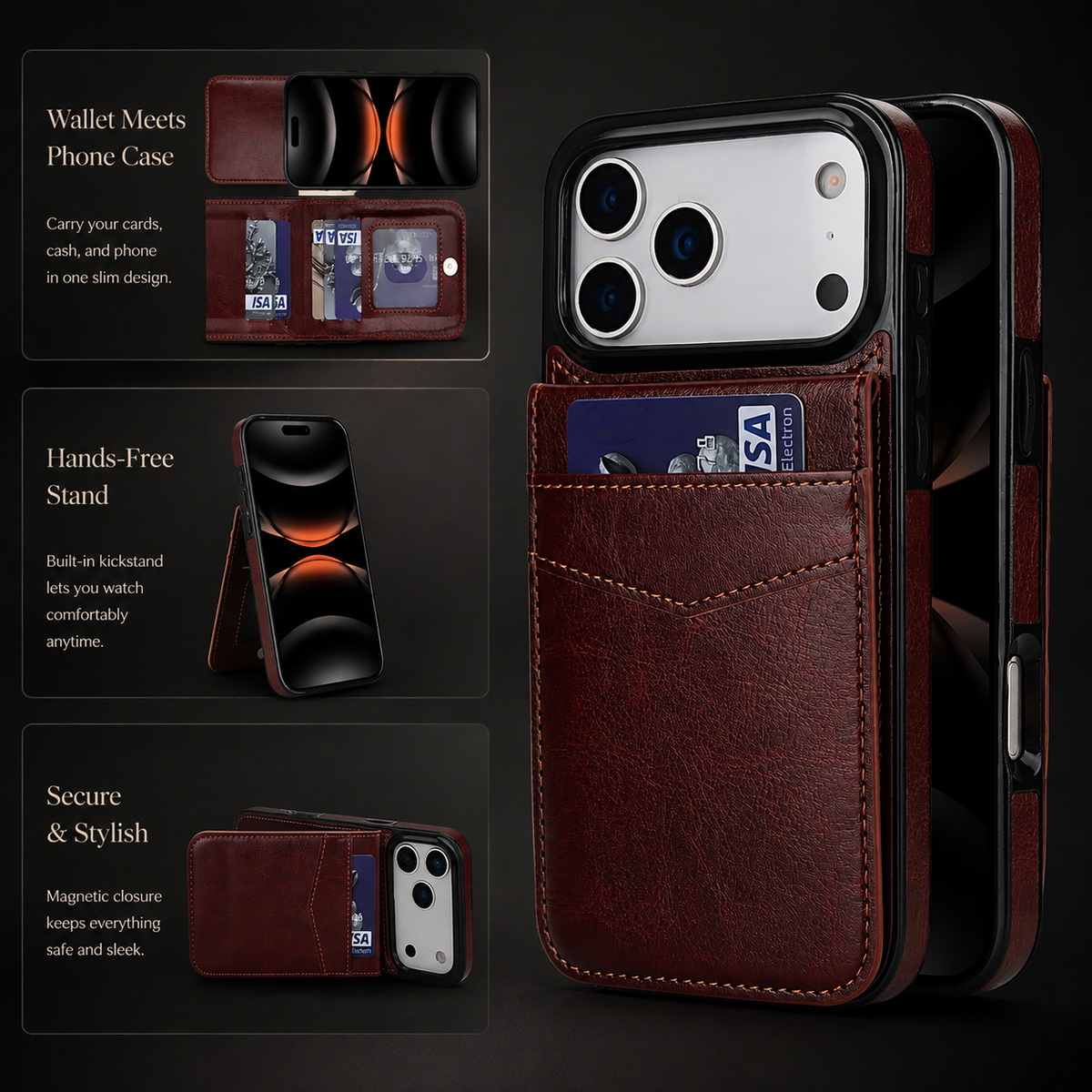 Premium iPhone Case Leather Wallet Flip Cover Card Holder Kickstand Shockproof Protective Case Anti Fingerprint Anti Scratch Non Slip Slim Full Access Retro