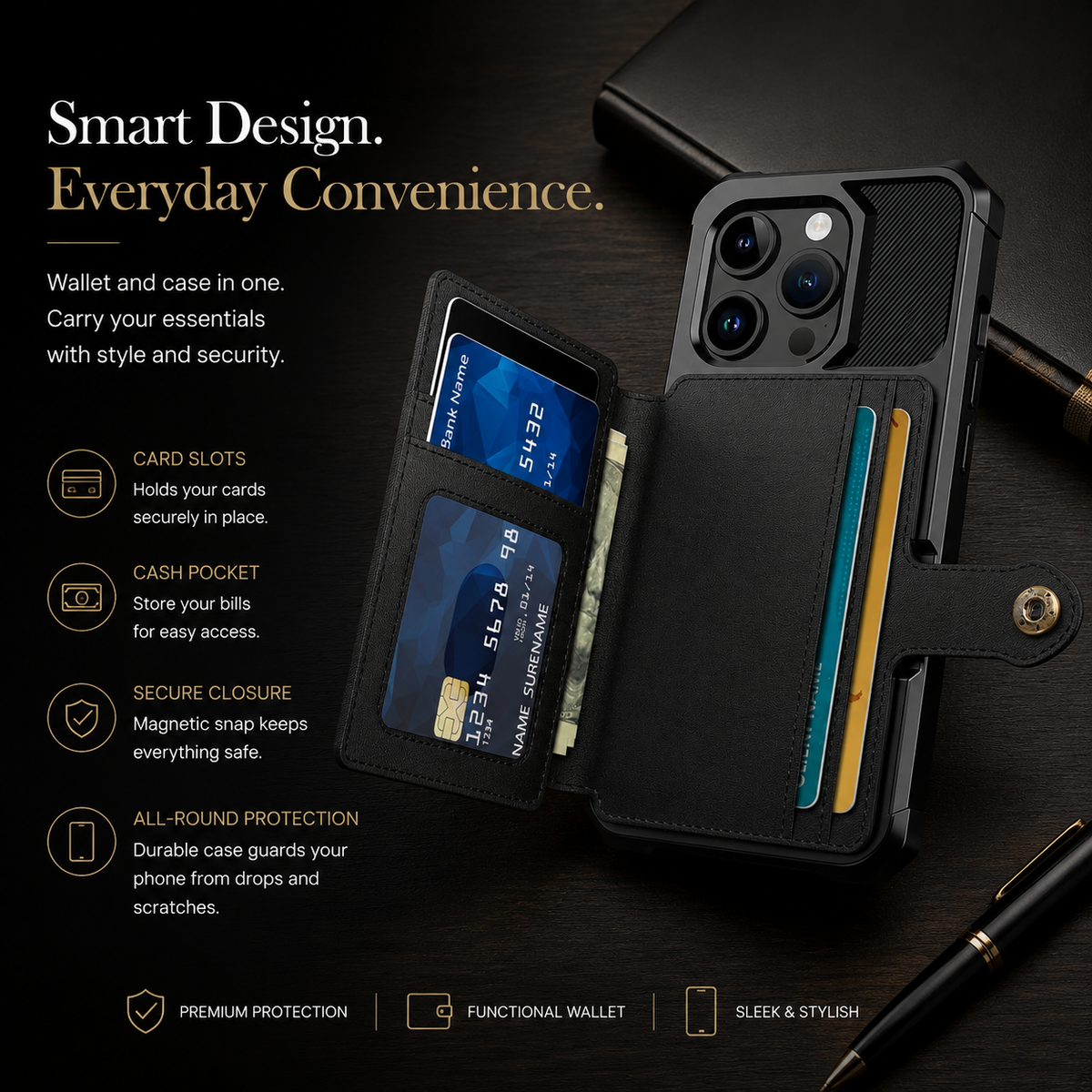 Premium iPhone Case Leather Wallet Flip Cover Card Holder Magnetic Closure Kickstand Shockproof Anti Drop Protective Case Anti Fingerprint Anti Scratch Slim