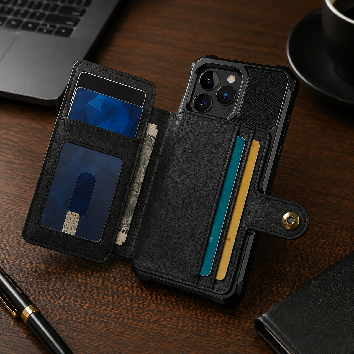 Premium iPhone Case Leather Wallet Flip Cover Card Holder Magnetic Closure Kickstand Shockproof Anti Drop Protective Case Anti Fingerprint Anti Scratch Slim