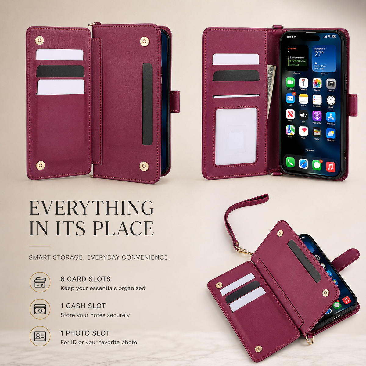 Premium iPhone Case Leather Wallet Flip Cover Card Holder Magnetic Closure Shockproof Protective Case Kickstand Anti Scratch Slim Full Body Protection