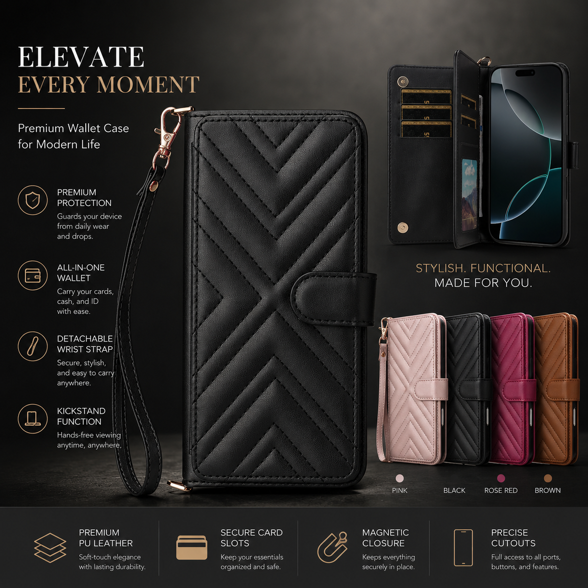Premium iPhone Case Leather Wallet Flip Cover Card Holder Magnetic Closure Shockproof Protective Case Kickstand Anti Scratch Slim Full Body Protection