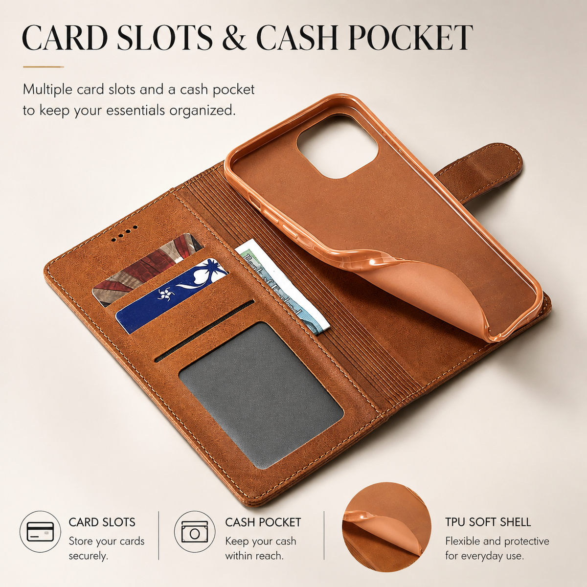 Premium iPhone Case Leather Wallet Flip Cover Card Slot Magnetic Closure Shockproof Full Body Protection Slim Elegant Kickstand Protective Design