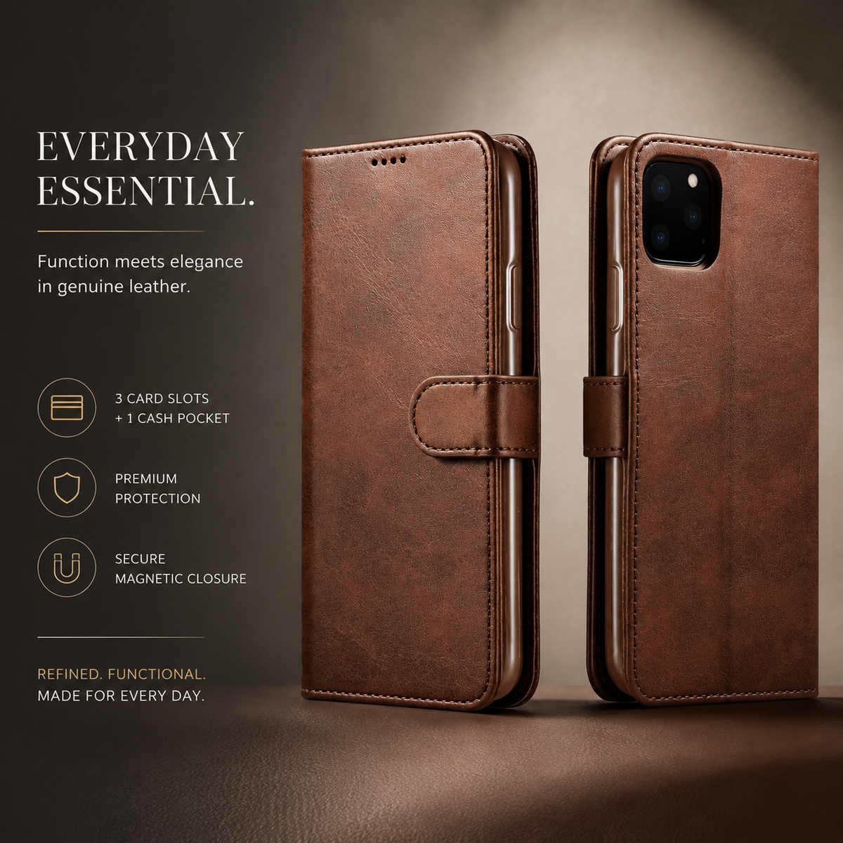Premium iPhone Case Leather Wallet Flip Cover Card Slot Magnetic Closure Shockproof Full Body Protection Slim Elegant Kickstand Protective Design