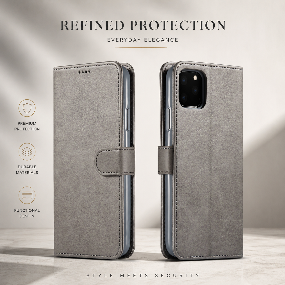 Premium iPhone Case Leather Wallet Flip Cover Card Slot Magnetic Closure Shockproof Full Body Protection Slim Elegant Kickstand Protective Design