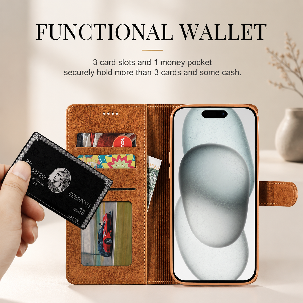 Premium iPhone Case Leather Wallet Flip Cover Card Slot Magnetic Closure Shockproof Full Body Protection Slim Elegant Kickstand Protective Design