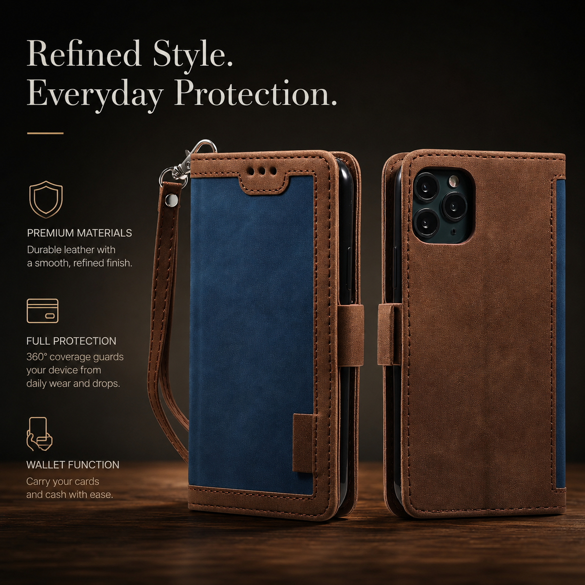 Premium iPhone Case Leather Wallet Flip Cover Card Slots Magnetic Closure Shockproof Full Body Protection Slim Elegant Kickstand Protective Design