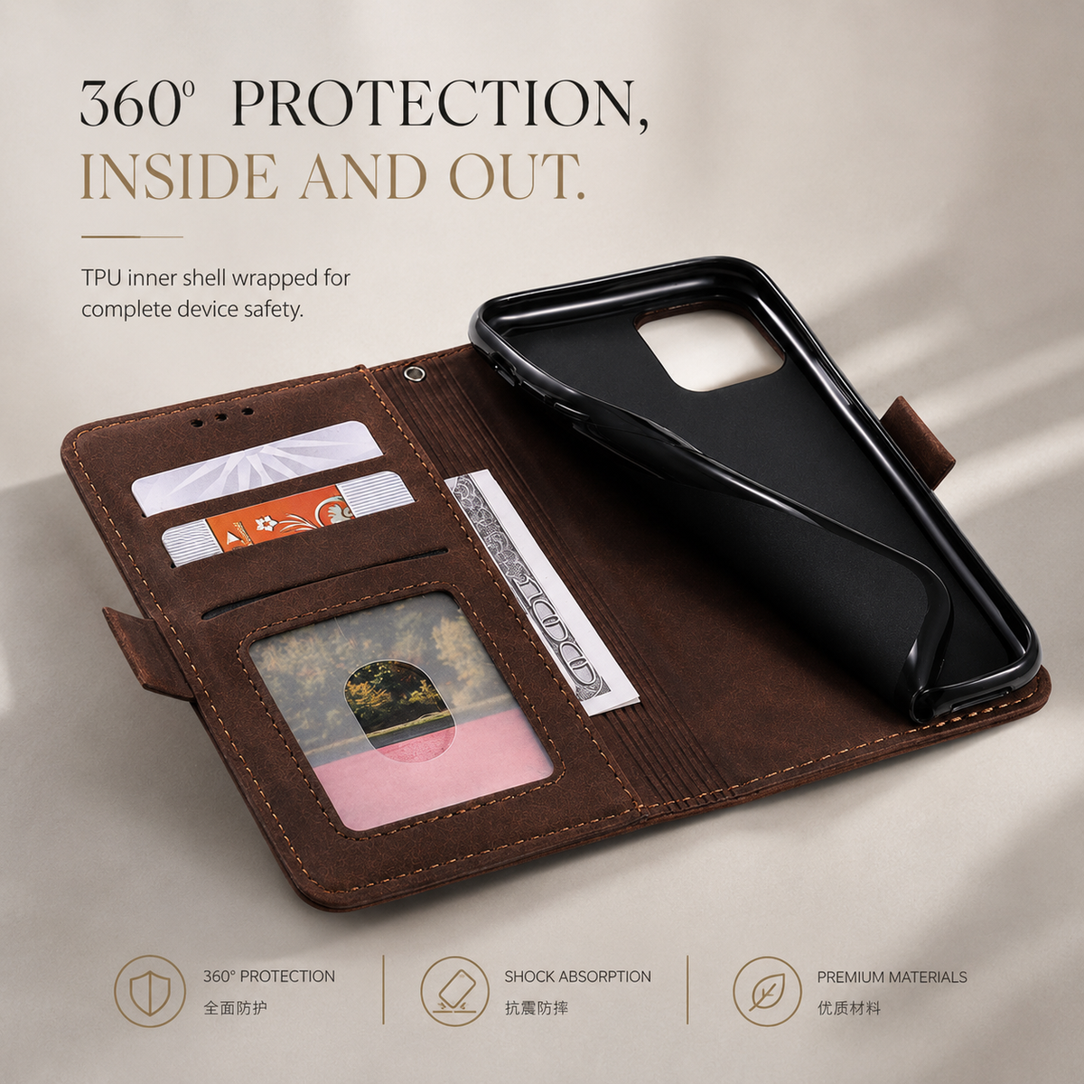 Premium iPhone Case Leather Wallet Flip Cover Card Slots Magnetic Closure Shockproof Full Body Protection Slim Elegant Kickstand Protective Design