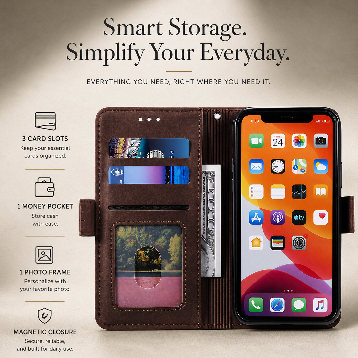 Premium iPhone Case Leather Wallet Flip Cover Card Slots Magnetic Closure Shockproof Full Body Protection Slim Elegant Kickstand Protective Design
