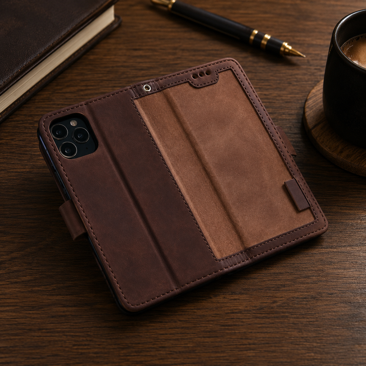 Premium iPhone Case Leather Wallet Flip Cover Card Slots Magnetic Closure Shockproof Full Body Protection Slim Elegant Kickstand Protective Design