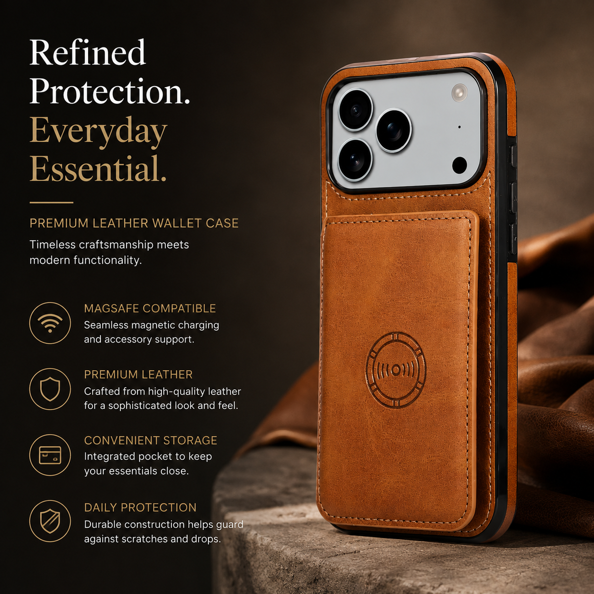 Premium iPhone Case Leather Wallet RFID Blocking Card Holder Magnetic Closure Shockproof Protective Cover Full Coverage Anti Scratch Slim Secure Storage