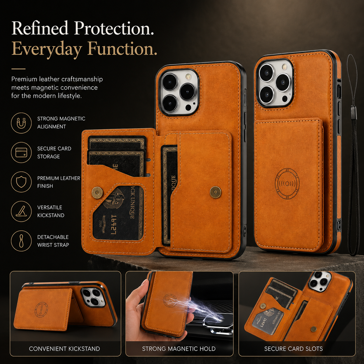 Premium iPhone Case Leather Wallet RFID Blocking Card Holder Magnetic Closure Shockproof Protective Cover Full Coverage Anti Scratch Slim Secure Storage
