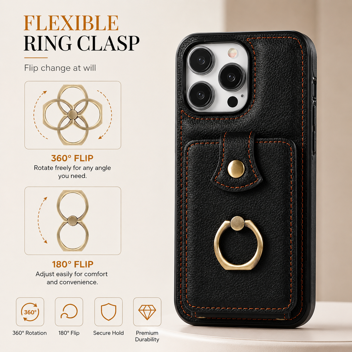 Premium iPhone Case Leather Wallet RFID Card Holder Ring Kickstand Lanyard Shockproof Protective Cover Anti Fingerprint Anti Scratch Non Slip Secure Storage