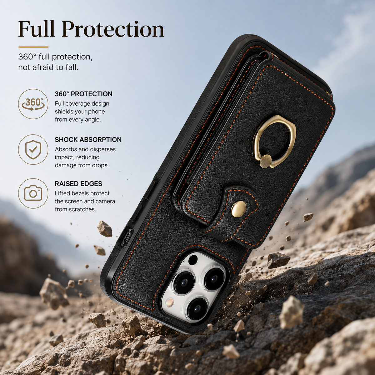 Premium iPhone Case Leather Wallet RFID Card Holder Ring Kickstand Lanyard Shockproof Protective Cover Anti Fingerprint Anti Scratch Non Slip Secure Storage