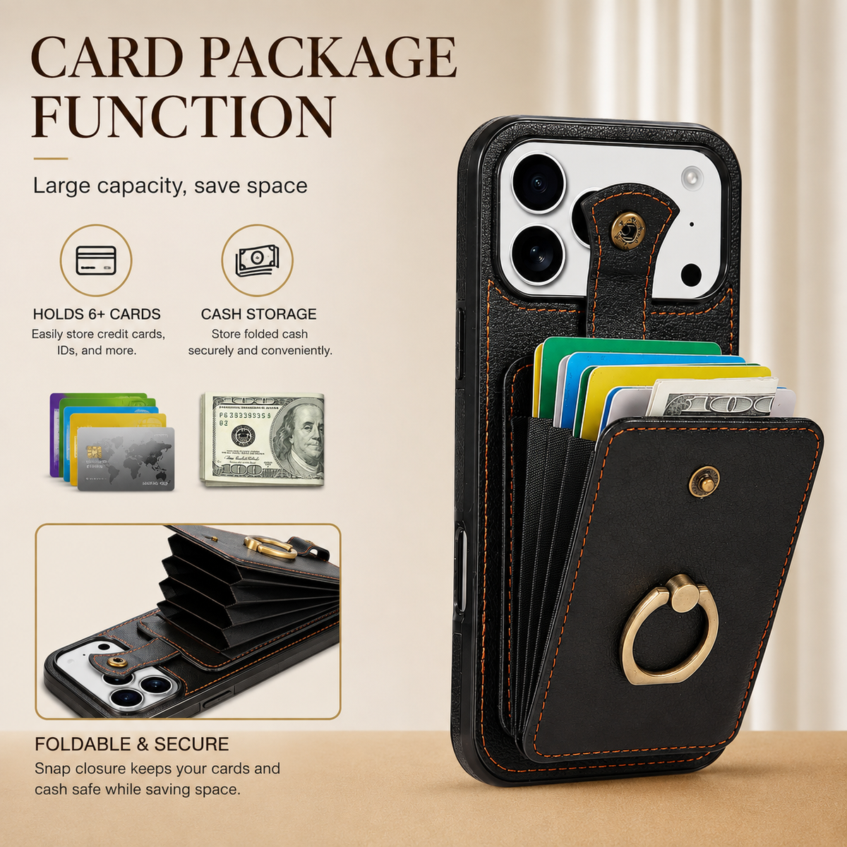 Premium iPhone Case Leather Wallet RFID Card Holder Ring Kickstand Lanyard Shockproof Protective Cover Anti Fingerprint Anti Scratch Non Slip Secure Storage