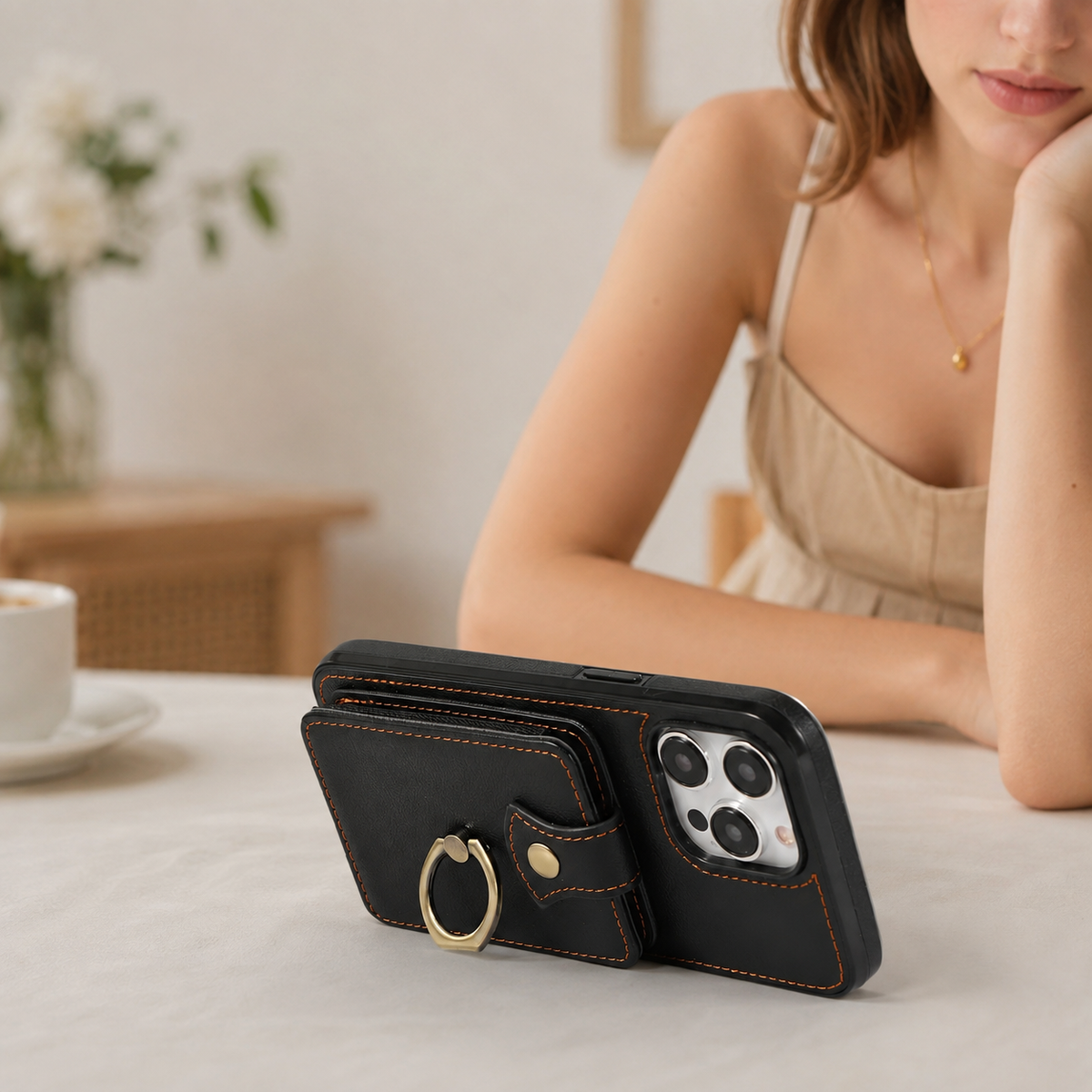 Premium iPhone Case Leather Wallet RFID Card Holder Ring Kickstand Lanyard Shockproof Protective Cover Anti Fingerprint Anti Scratch Non Slip Secure Storage