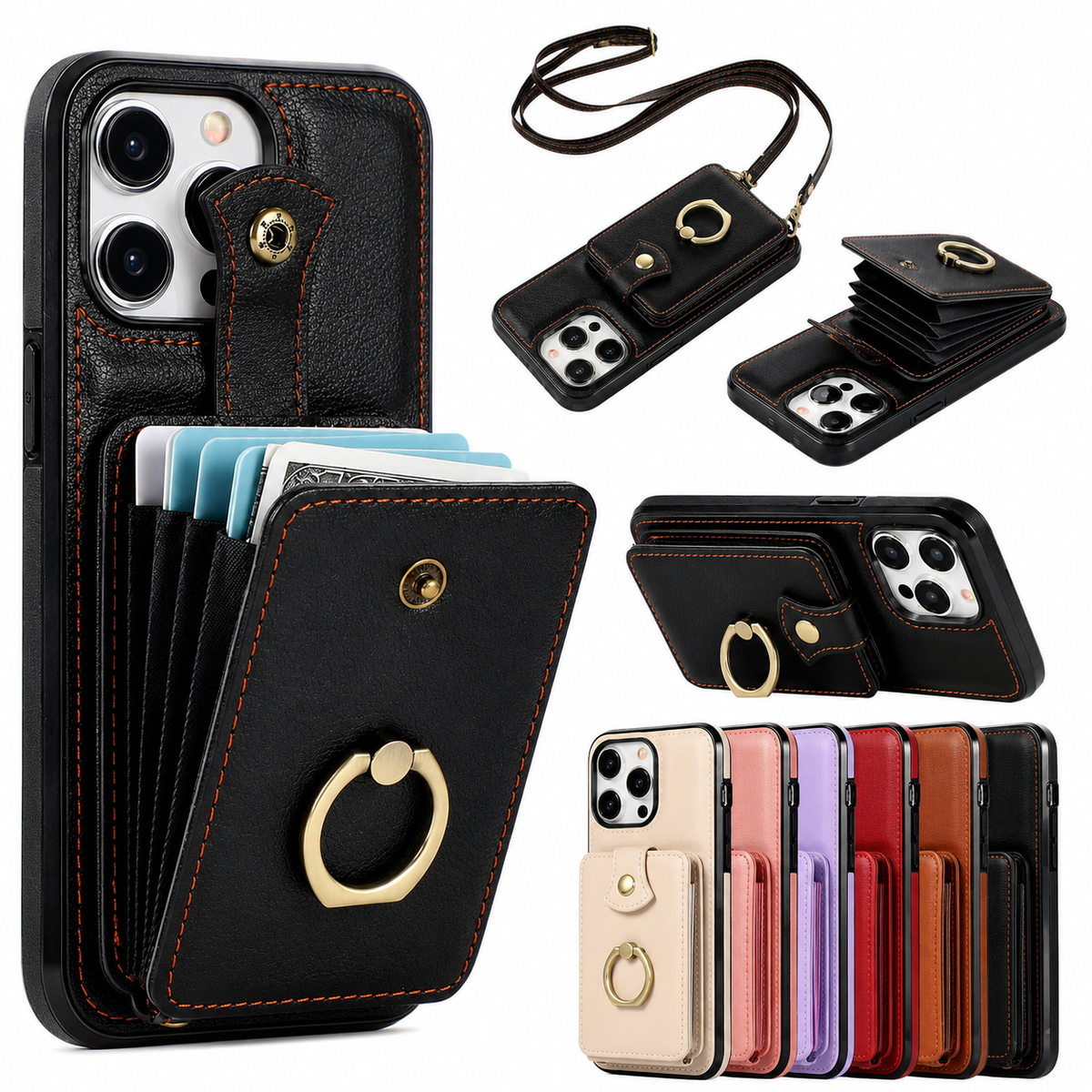 Premium iPhone Case Leather Wallet RFID Card Holder Ring Kickstand Lanyard Shockproof Protective Cover Anti Fingerprint Anti Scratch Non Slip Secure Storage