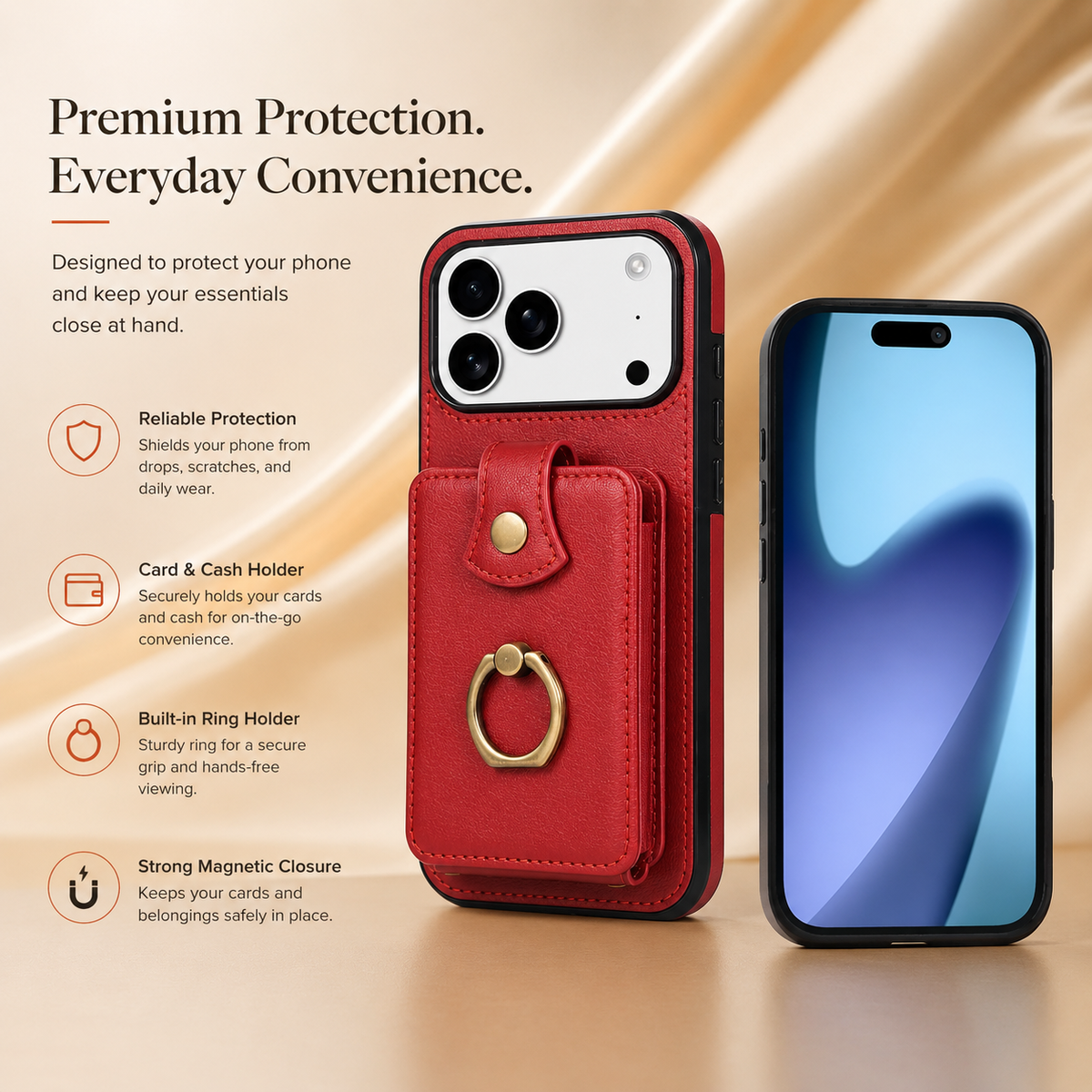 Premium iPhone Case Leather Wallet RFID Card Holder Ring Kickstand Lanyard Shockproof Protective Cover Anti Fingerprint Anti Scratch Non Slip Secure Storage
