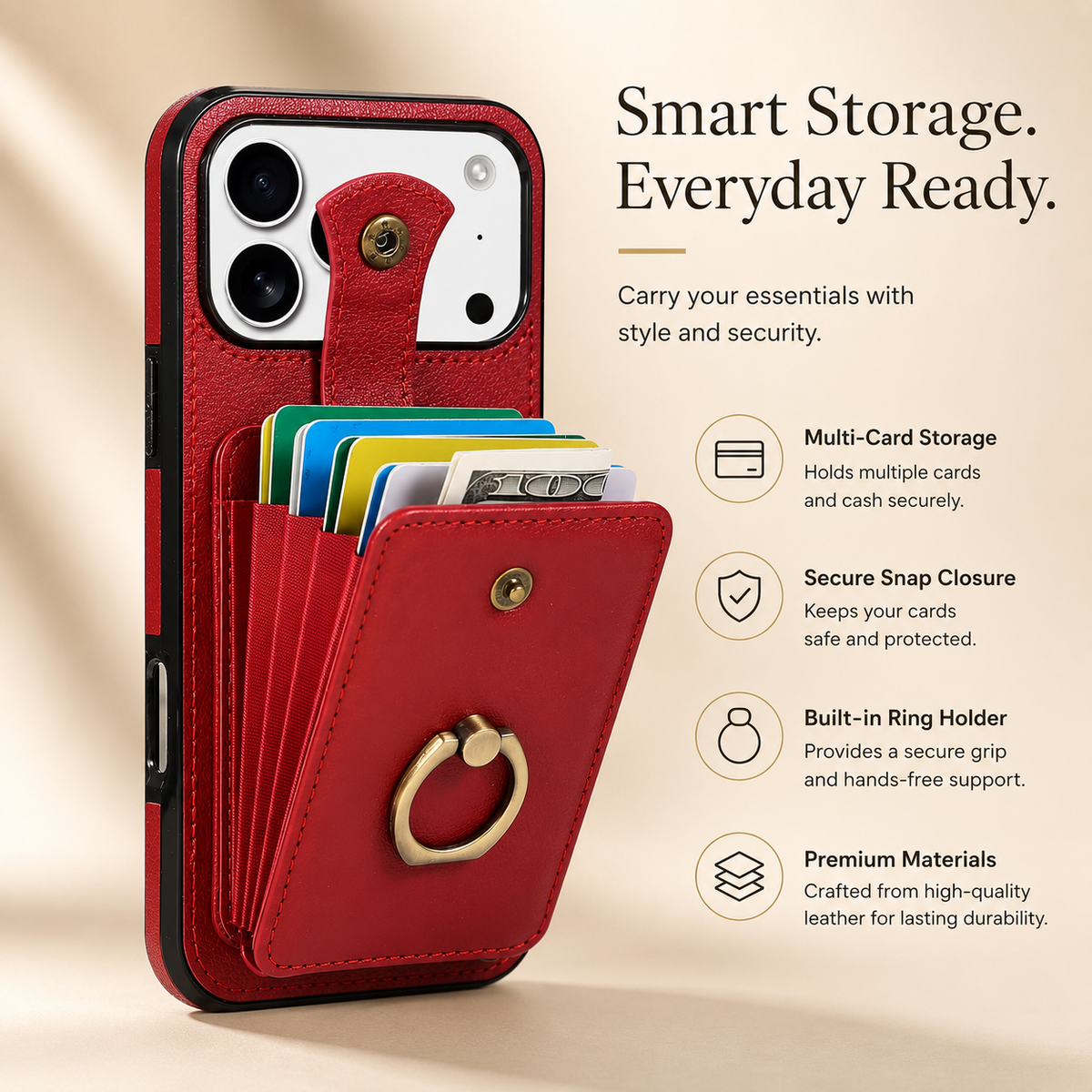 Premium iPhone Case Leather Wallet RFID Card Holder Ring Kickstand Lanyard Shockproof Protective Cover Anti Fingerprint Anti Scratch Non Slip Secure Storage