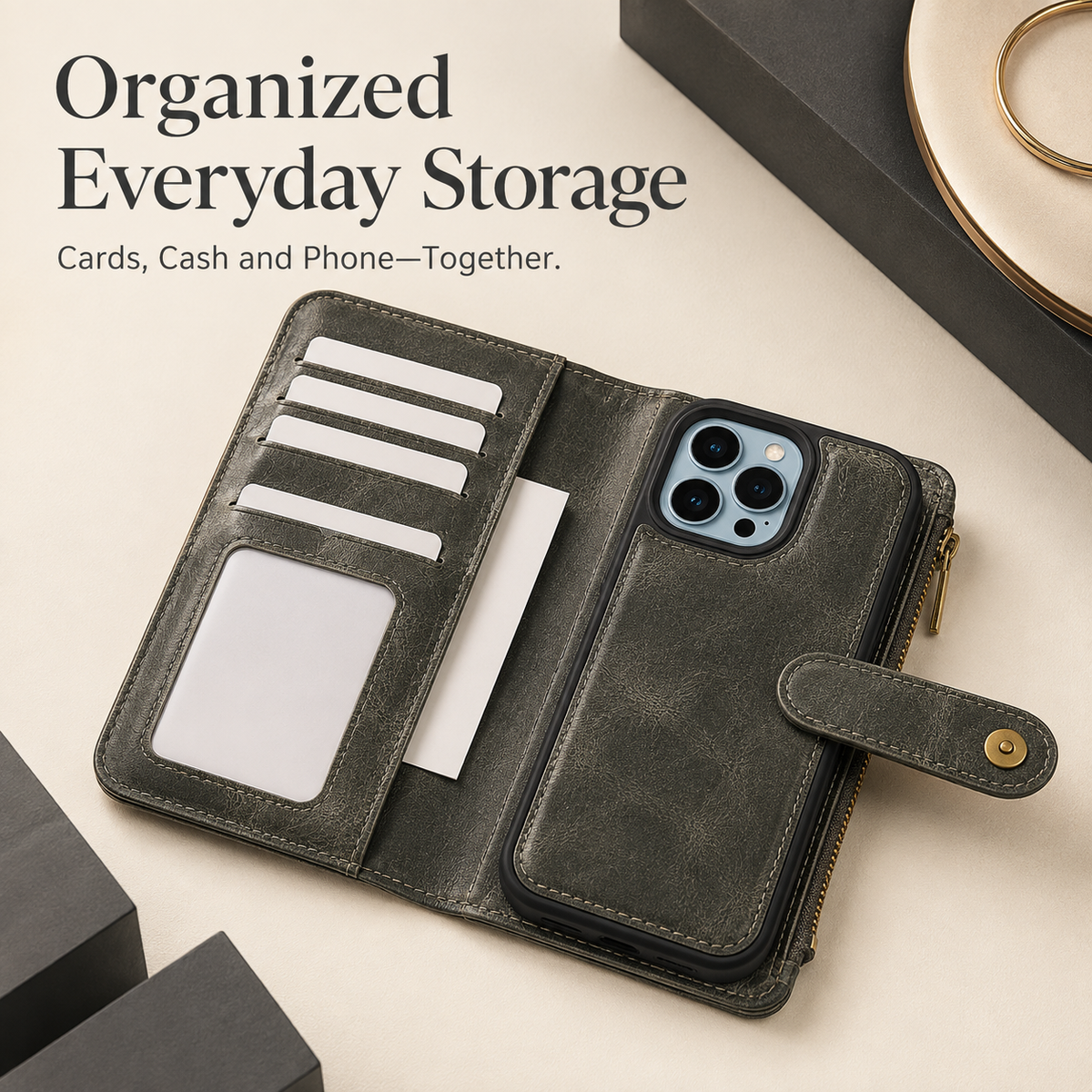 Premium iPhone Case Leather Wallet Zipper Card Holder Detachable Shockproof Protective Cover Anti Fingerprint Anti Scratch Non Slip Slim Secure Storage