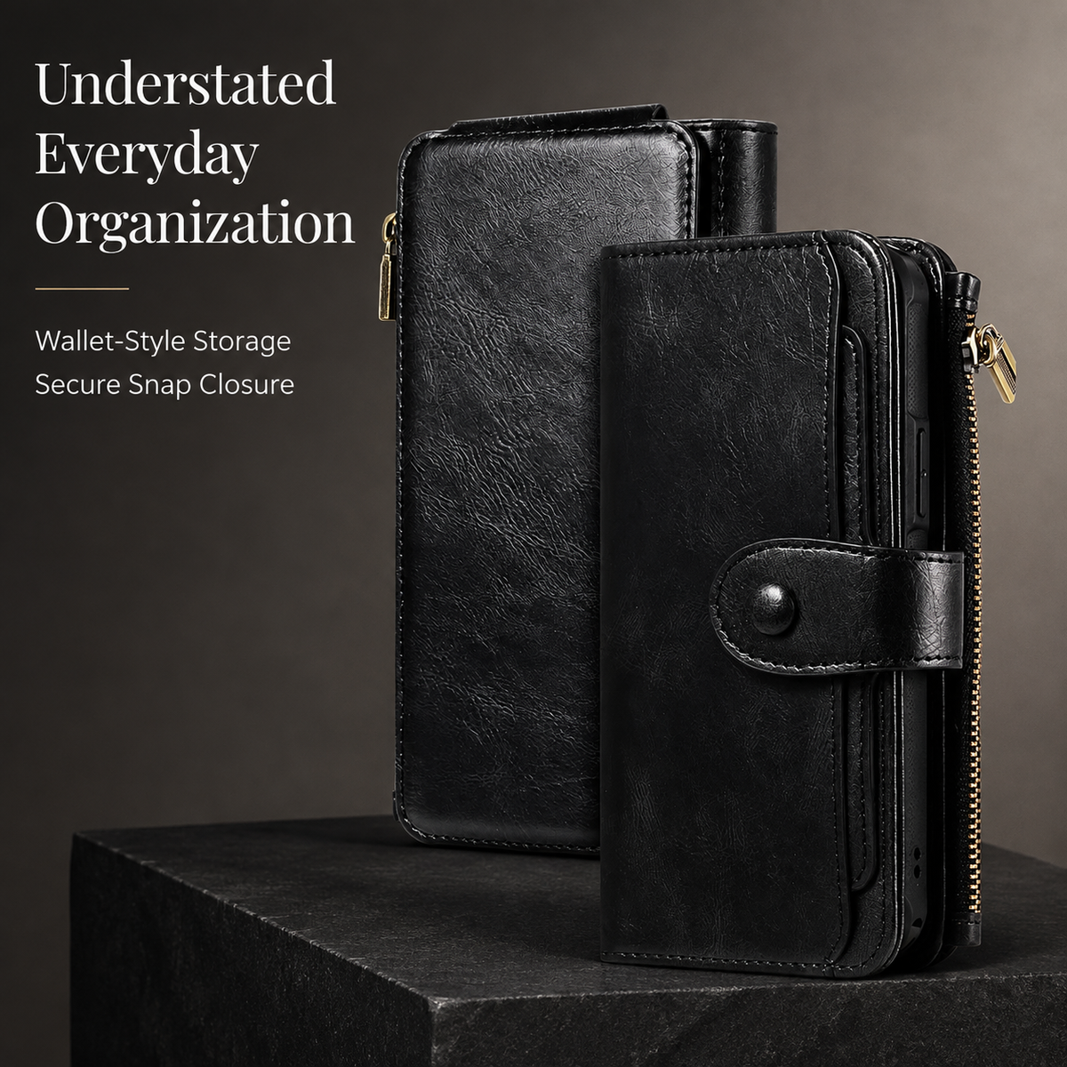 Premium iPhone Case Leather Wallet Zipper Card Holder Detachable Shockproof Protective Cover Anti Fingerprint Anti Scratch Non Slip Slim Secure Storage