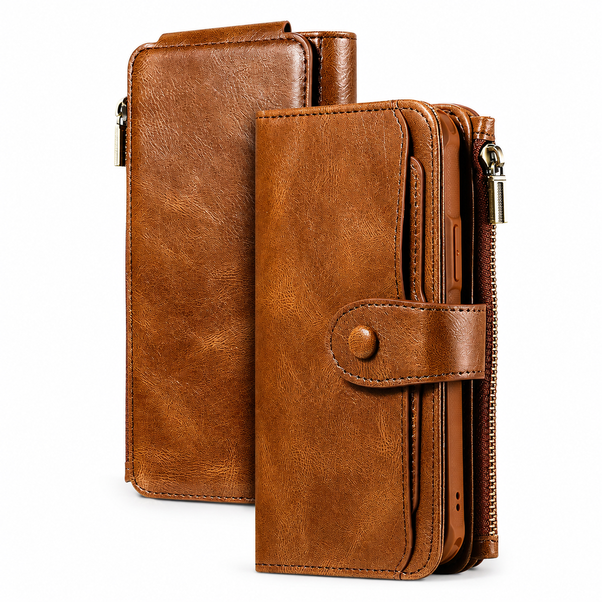 Premium iPhone Case Leather Wallet Zipper Card Holder Detachable Shockproof Protective Cover Anti Fingerprint Anti Scratch Non Slip Slim Secure Storage