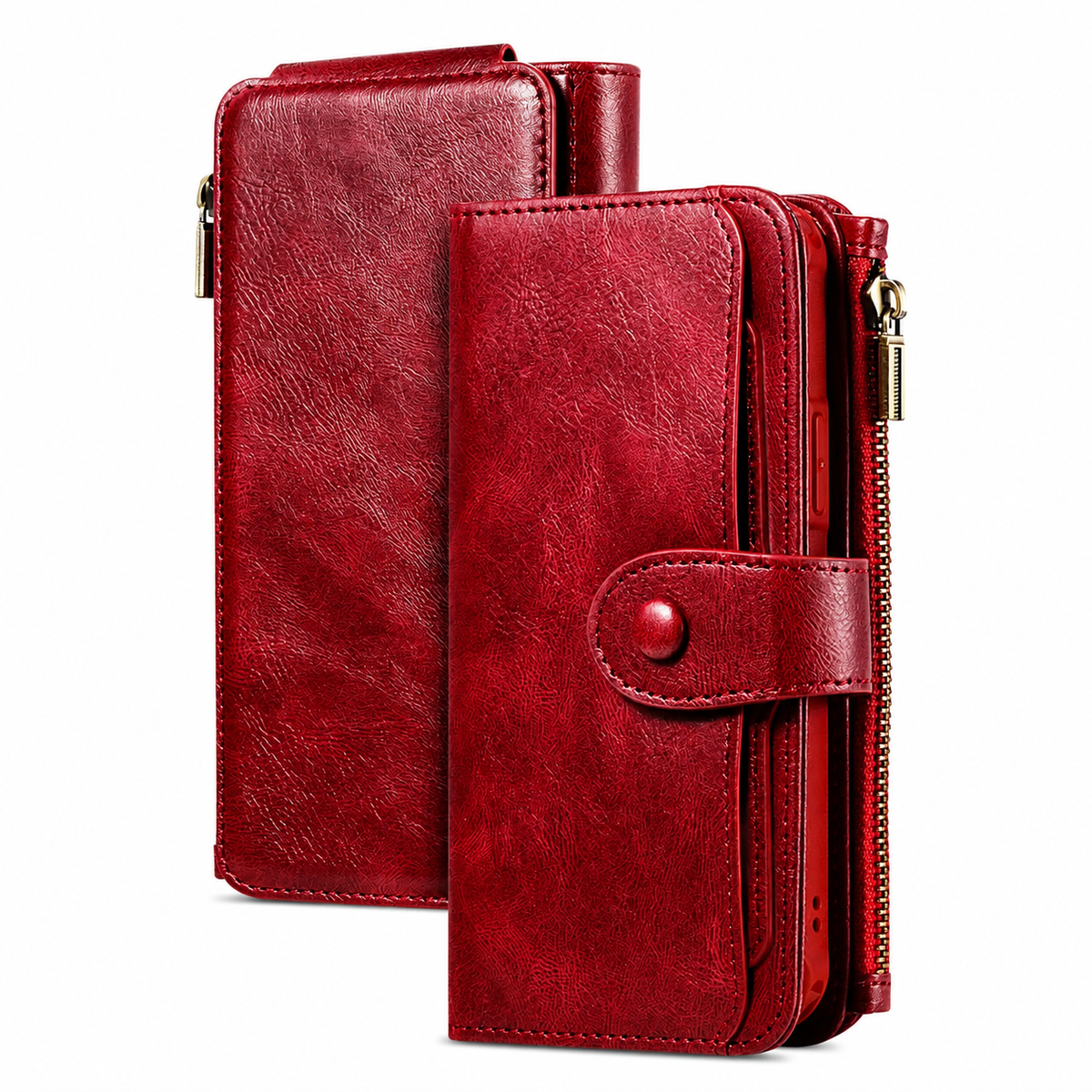 Premium iPhone Case Leather Wallet Zipper Card Holder Detachable Shockproof Protective Cover Anti Fingerprint Anti Scratch Non Slip Slim Secure Storage