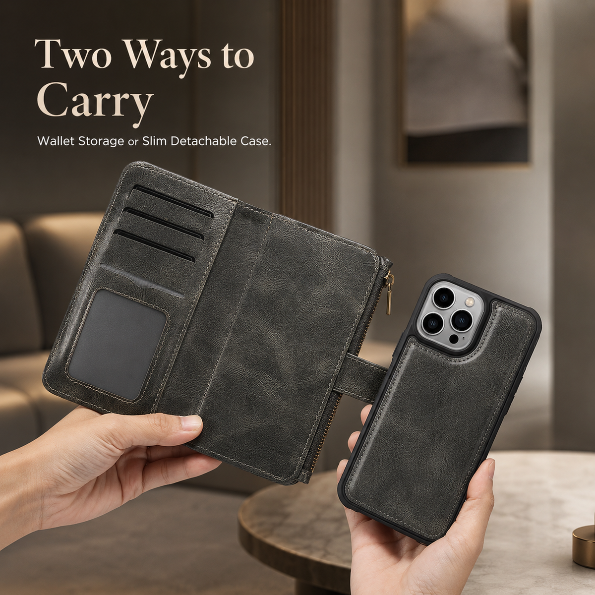 Premium iPhone Case Leather Wallet Zipper Card Holder Detachable Shockproof Protective Cover Anti Fingerprint Anti Scratch Non Slip Slim Secure Storage