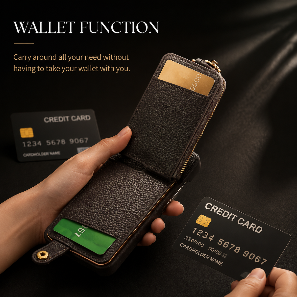 Premium iPhone Case Leather Wallet Zipper Card Holder Ring Kickstand Lanyard Magnetic Closure Shockproof Anti Fingerprint Anti Scratch Secure Storage