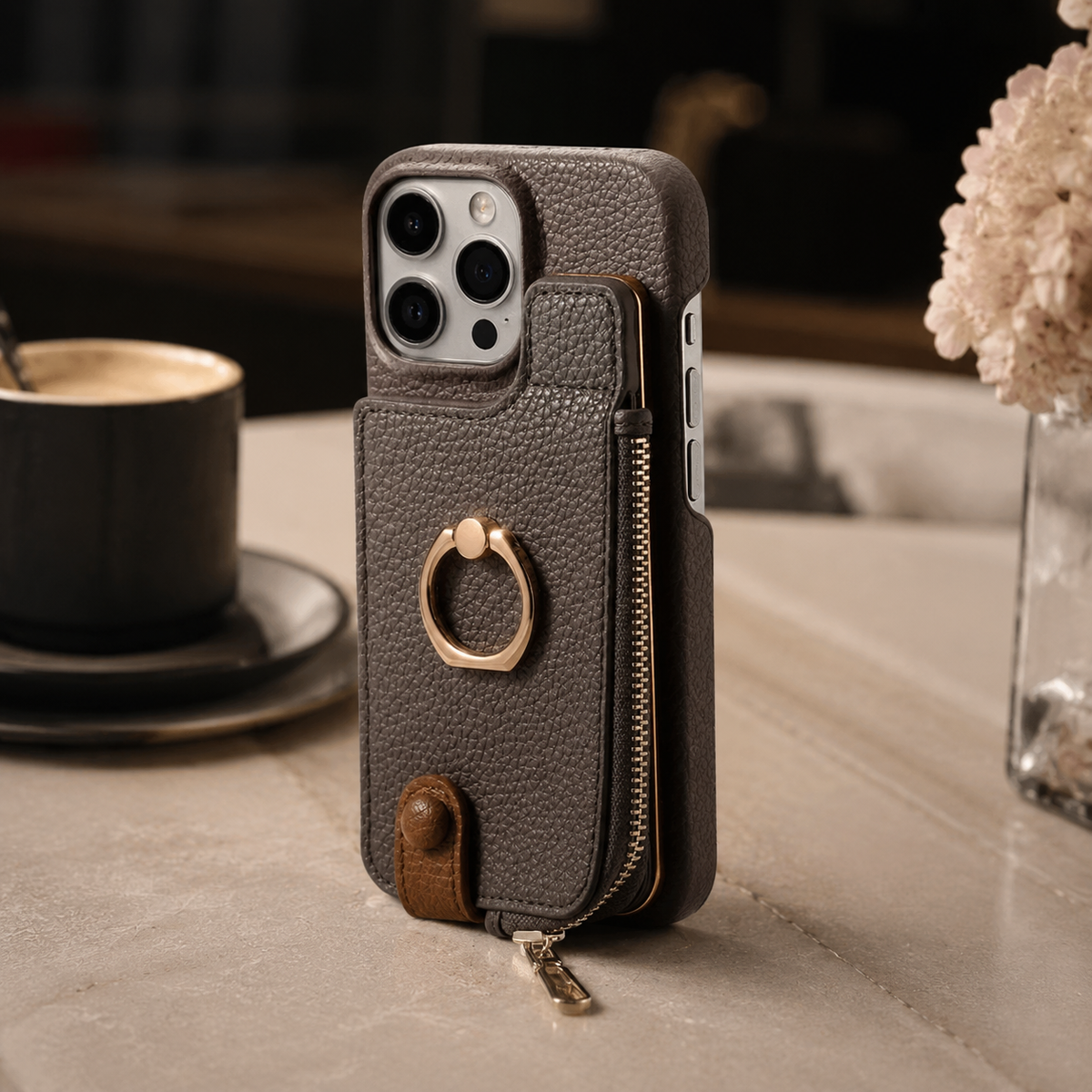 Premium iPhone Case Leather Wallet Zipper Card Holder Ring Kickstand Lanyard Magnetic Closure Shockproof Anti Fingerprint Anti Scratch Secure Storage