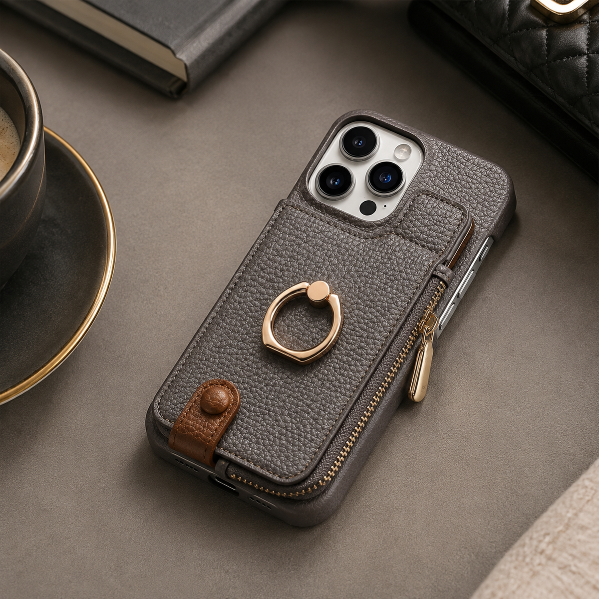 Premium iPhone Case Leather Wallet Zipper Card Holder Ring Kickstand Lanyard Magnetic Closure Shockproof Anti Fingerprint Anti Scratch Secure Storage
