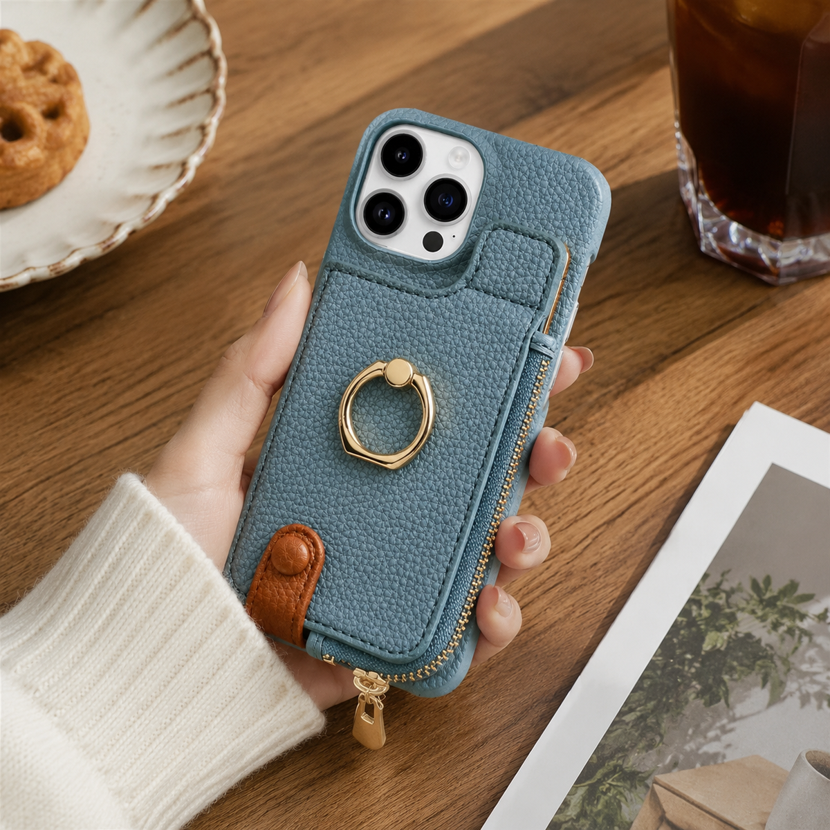 Premium iPhone Case Leather Wallet Zipper Card Holder Ring Kickstand Lanyard Magnetic Closure Shockproof Anti Fingerprint Anti Scratch Secure Storage