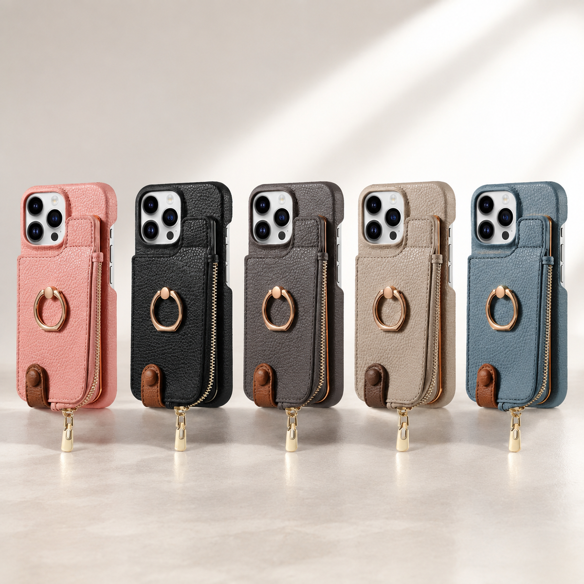 Premium iPhone Case Leather Wallet Zipper Card Holder Ring Kickstand Lanyard Magnetic Closure Shockproof Anti Fingerprint Anti Scratch Secure Storage