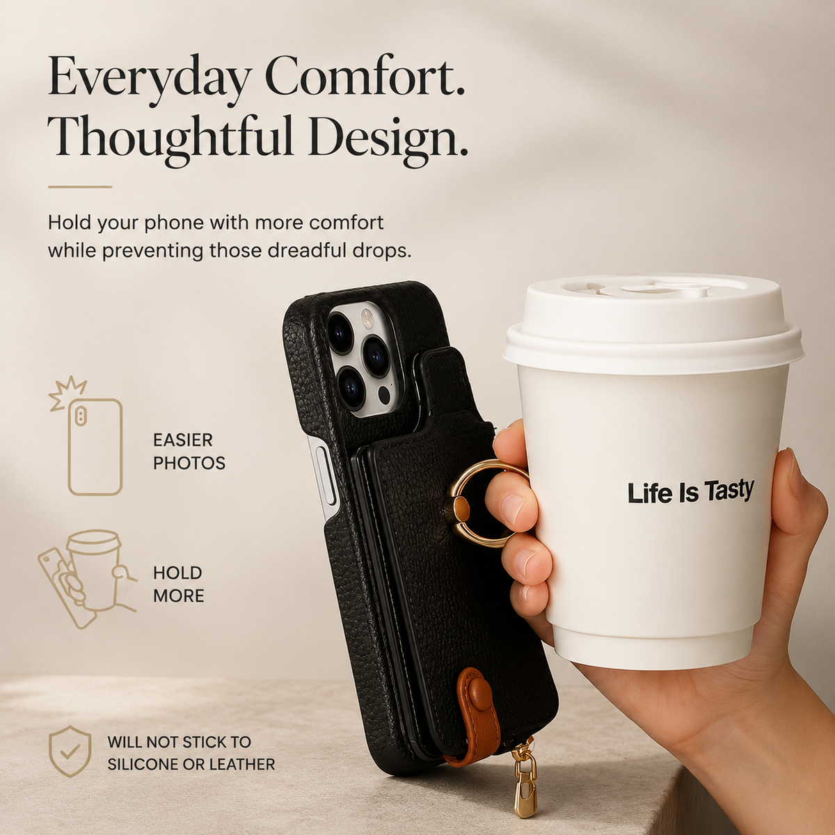 Premium iPhone Case Leather Wallet Zipper Card Holder Ring Kickstand Lanyard Magnetic Closure Shockproof Anti Fingerprint Anti Scratch Secure Storage