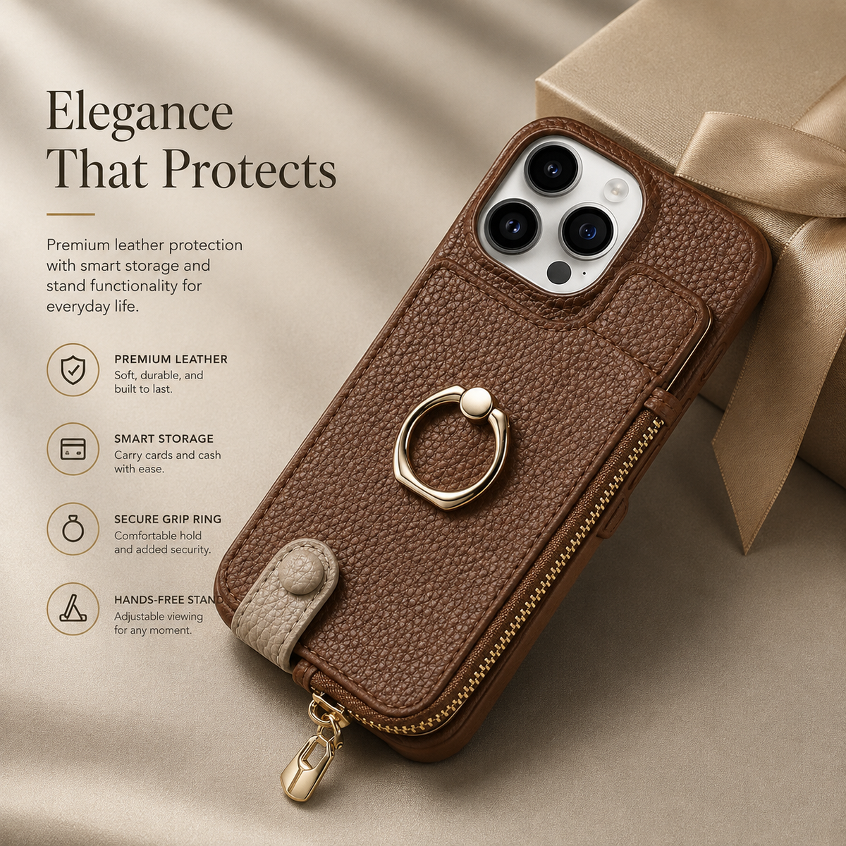 Premium iPhone Case Leather Wallet Zipper Card Holder Ring Kickstand Magnetic Closure Shockproof Protective Cover Anti Fingerprint Anti Scratch Full Coverage