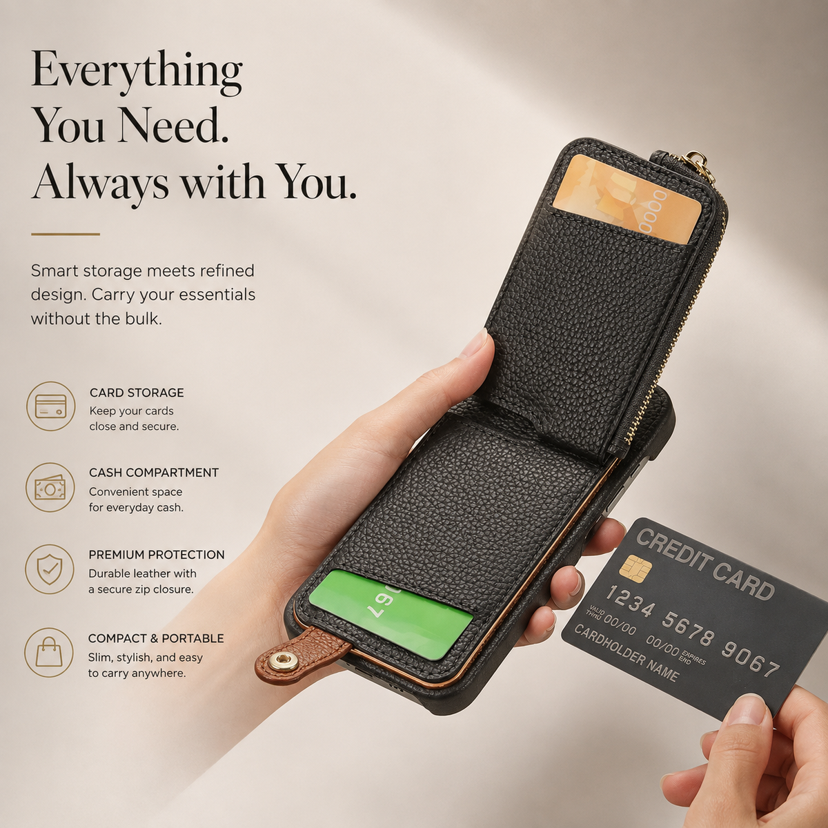 Premium iPhone Case Leather Wallet Zipper Card Holder Ring Kickstand Magnetic Closure Shockproof Protective Cover Anti Fingerprint Anti Scratch Full Coverage