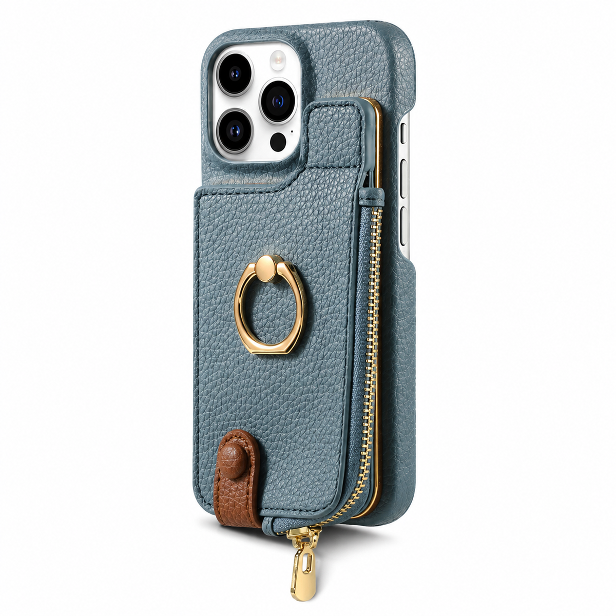 Premium iPhone Case Leather Wallet Zipper Card Holder Ring Kickstand Magnetic Closure Shockproof Protective Cover Anti Fingerprint Anti Scratch Full Coverage