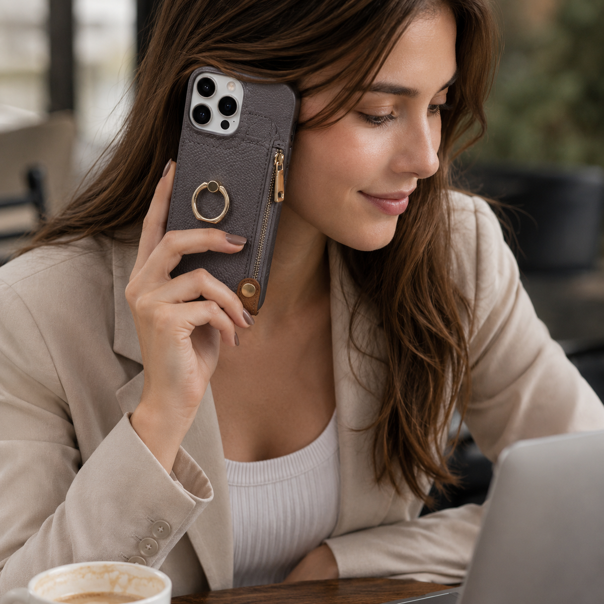 Premium iPhone Case Leather Wallet Zipper Card Holder Ring Kickstand Magnetic Closure Shockproof Protective Cover Anti Fingerprint Anti Scratch Full Coverage
