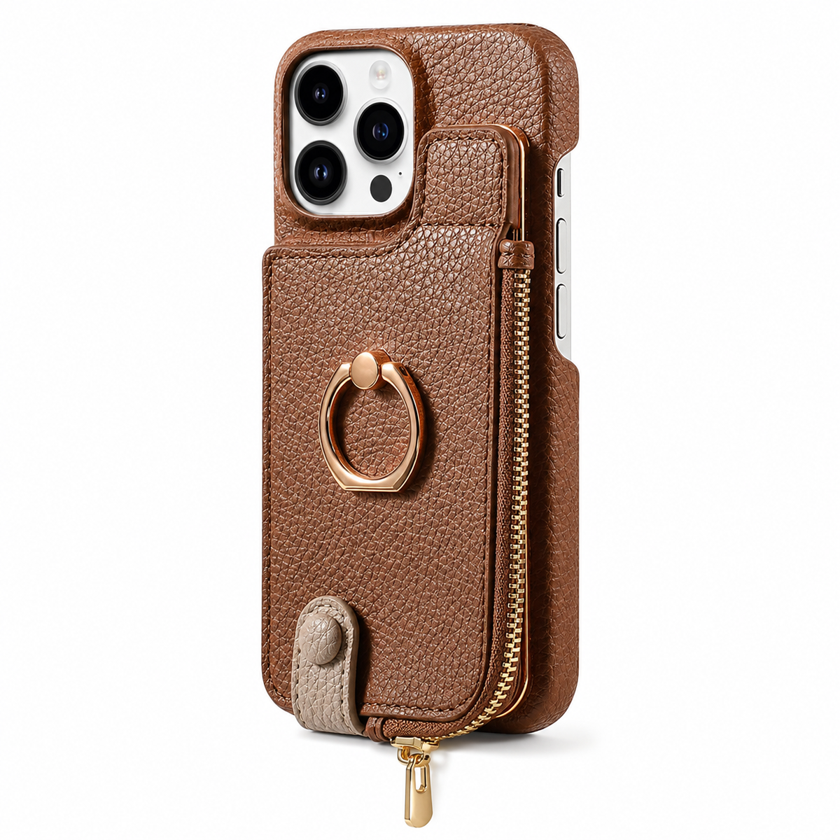 Premium iPhone Case Leather Wallet Zipper Card Holder Ring Kickstand Magnetic Closure Shockproof Protective Cover Anti Fingerprint Anti Scratch Full Coverage
